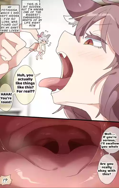 A vore manga of a giant girl with animal ears swallowing her tiny lover whole while cursing him
