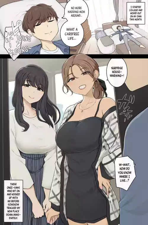 Keitai Choushin Onee-san-tachi ni Shinkyo o Yaribeya ni Sareru Hanashi | Tall, Busty Onee-sans Turn My New Place into Their Sex Room