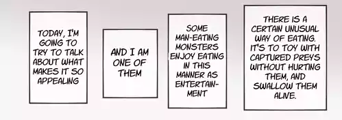 A giant fox girl swallows humans whole while reviewing food in a vore manga