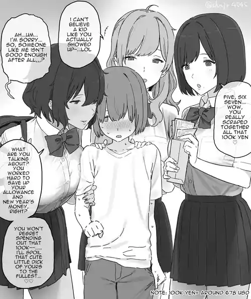 Isshoukenmei tameta okozukai juuman de enjo kousai o boshuu shitara gokuaku oneesan sannin ni me o tsukerarete shimai, tekitou ni shasei saserareta ageku sekkusu mo shite nai noni juuman zengaku fundakureru kawaisou na otoko no ko